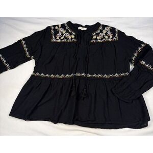 Rebellion Company Black Embroidered Tassel Tie‎ Neck Peasant Blouse Top XL